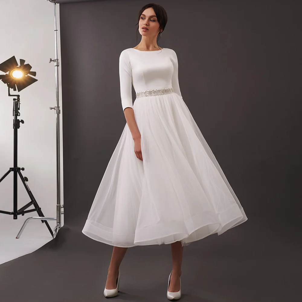 Short Wedding Dress 2022 O Neck 3/4 Sleeves A Line Midi Wedding Gown
