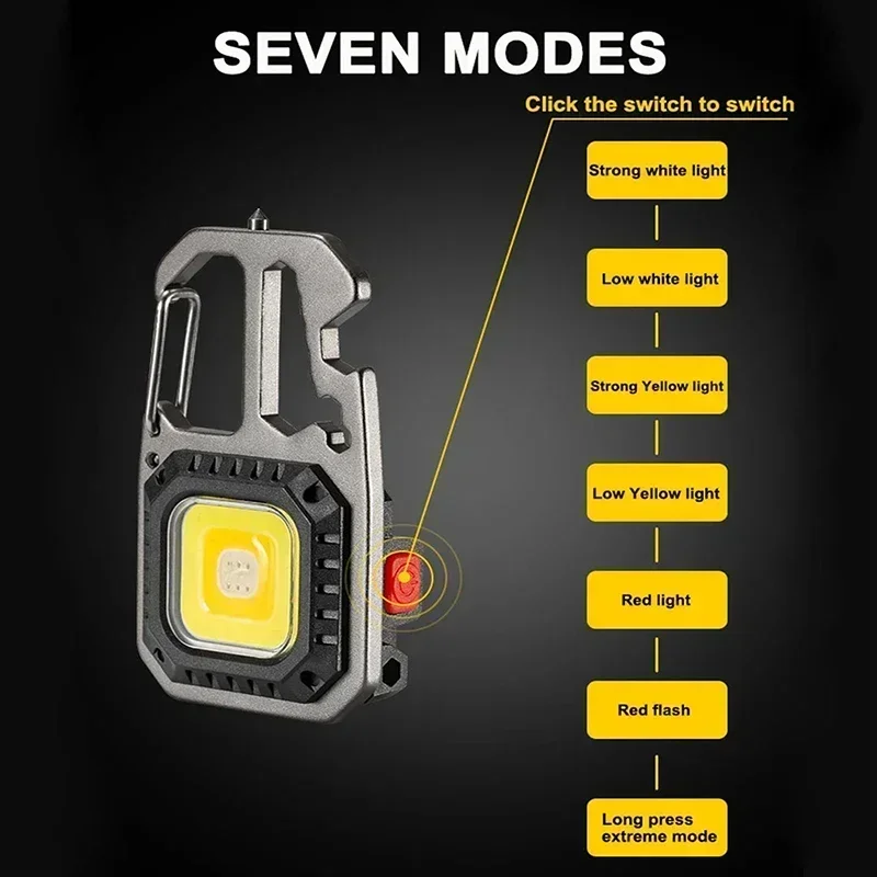 미니 휴대용 LED 키 체인 손전등 내장 500mAh 배터리 유형-C 충전 야외 캠핑 비상 안전 망치 작업 램프