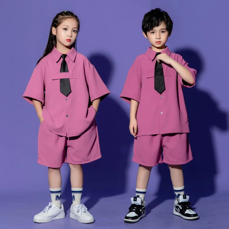 

Kid Hip Hop Clothing Short Sleeve Oversized Shirt Top Street Summer Shorts for Girls Boy Jazz Dance Costume Clothes Set with Tie