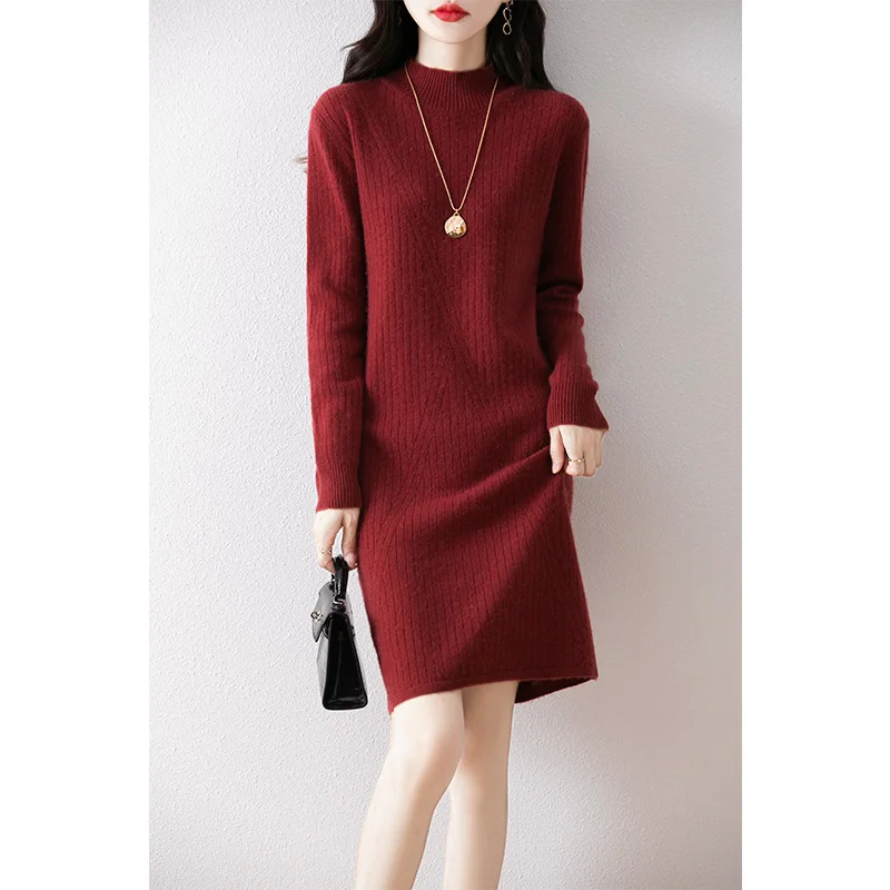 Midi Dresses 2024 Autunmn/Winter Loose Wool Dresses Casual Women's Dresses  Elegant Dresses 100% Wool Knitted Jumpers - AliExpress