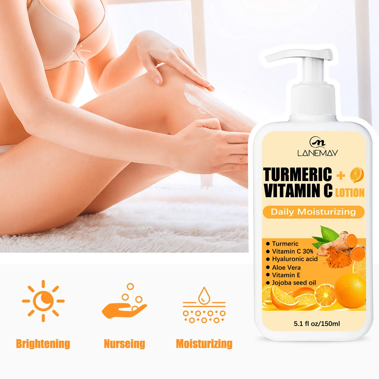 

150ml Turmeric Body Lotion Reduce Fine Lines and Wrinkles Moisturizing Daily Exfoliating VC and Aloe Vera Body Cream