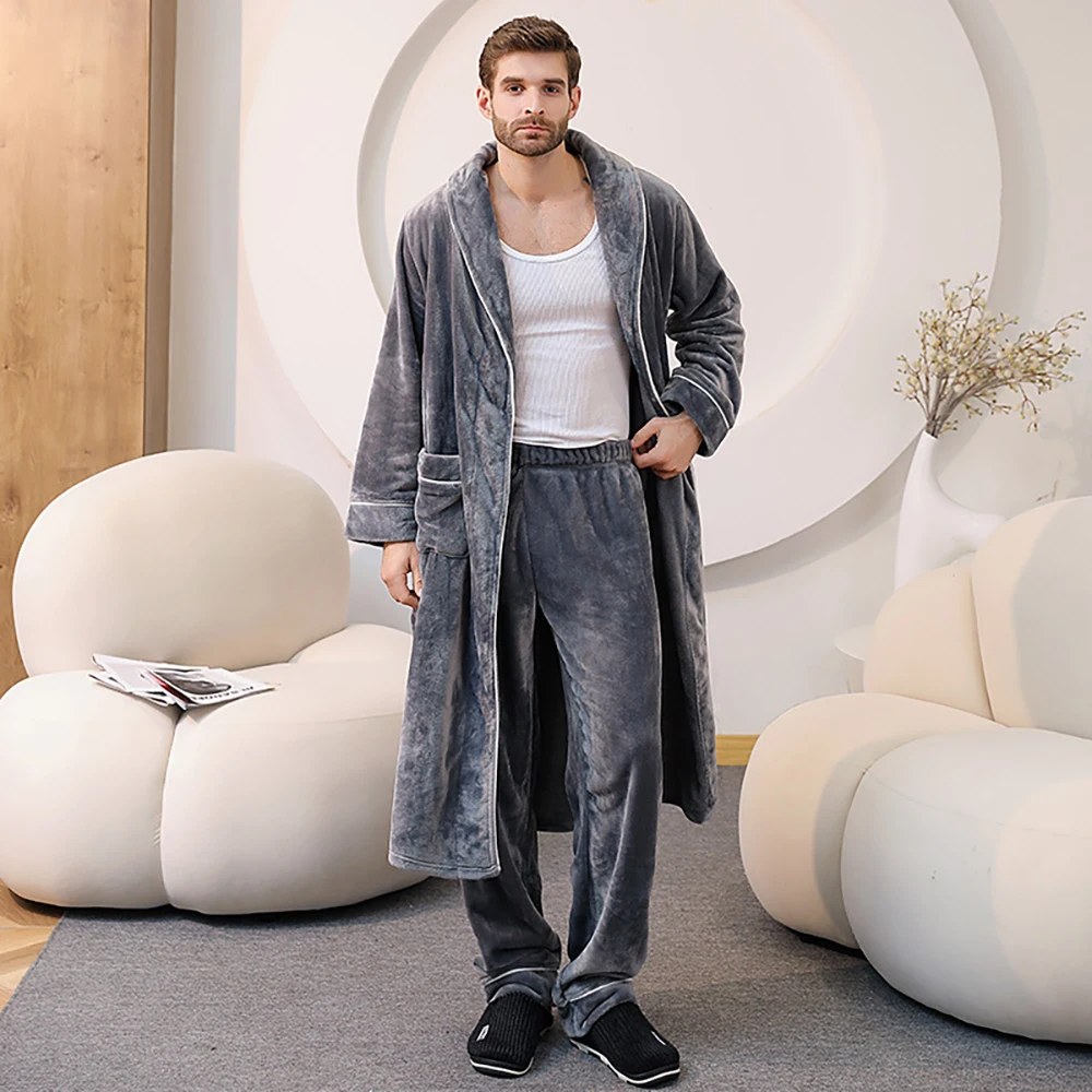 Flannel Double-side Thicken Couple Sleepwear Lengthened Robe for Men Elegant Shawl Collar Bathrobe+Straight Leg Pajama Pants 3XL