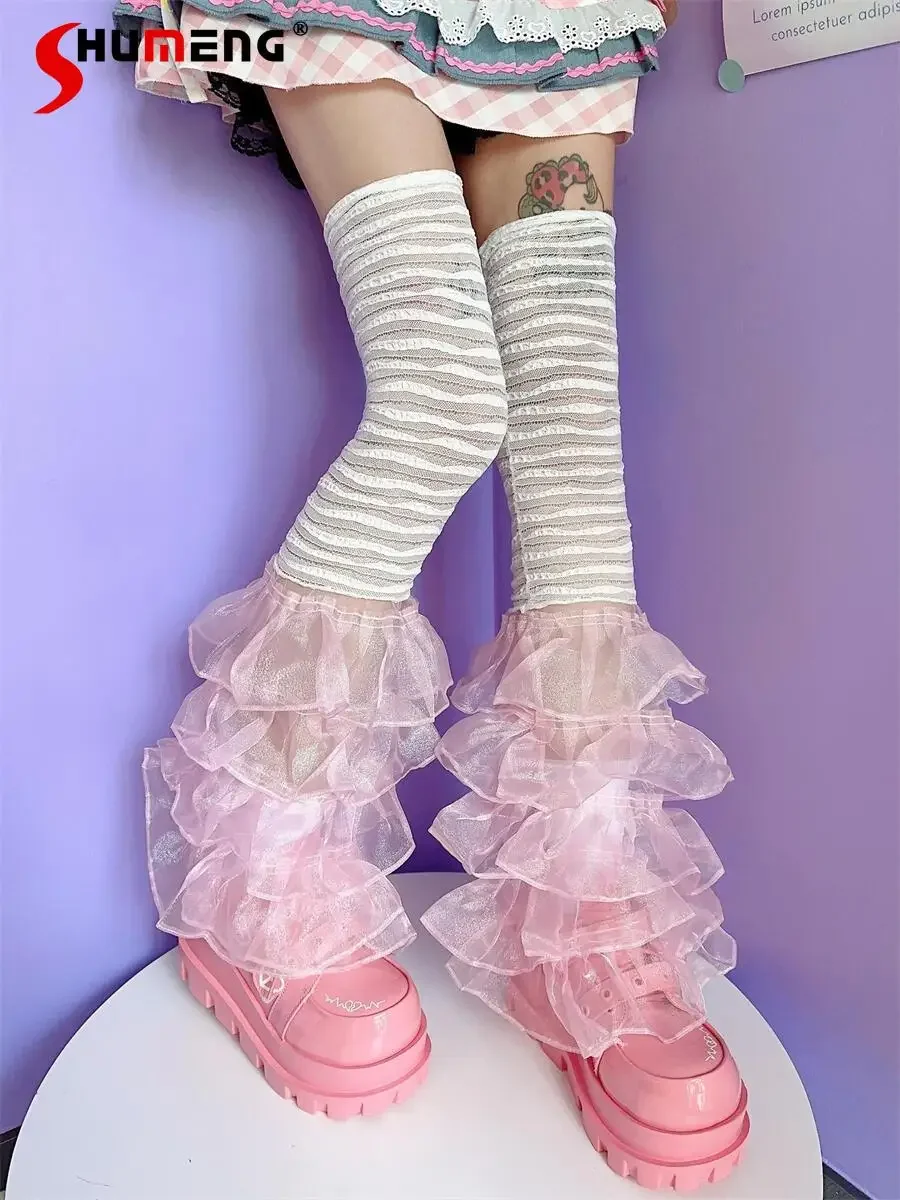 Y2k Hot Girl Sweet Stripes Multi-Layer Lace Socks 2023 Fall New Subculture Cool Girl Princess Stitching Big Lace Leg Warmer
