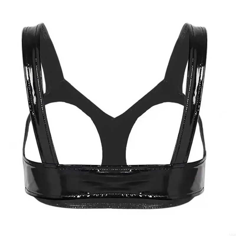 N5KB Glossy Open Cup Bras Pu Leather Bra Tops Hollow Out Breast Female Underwear