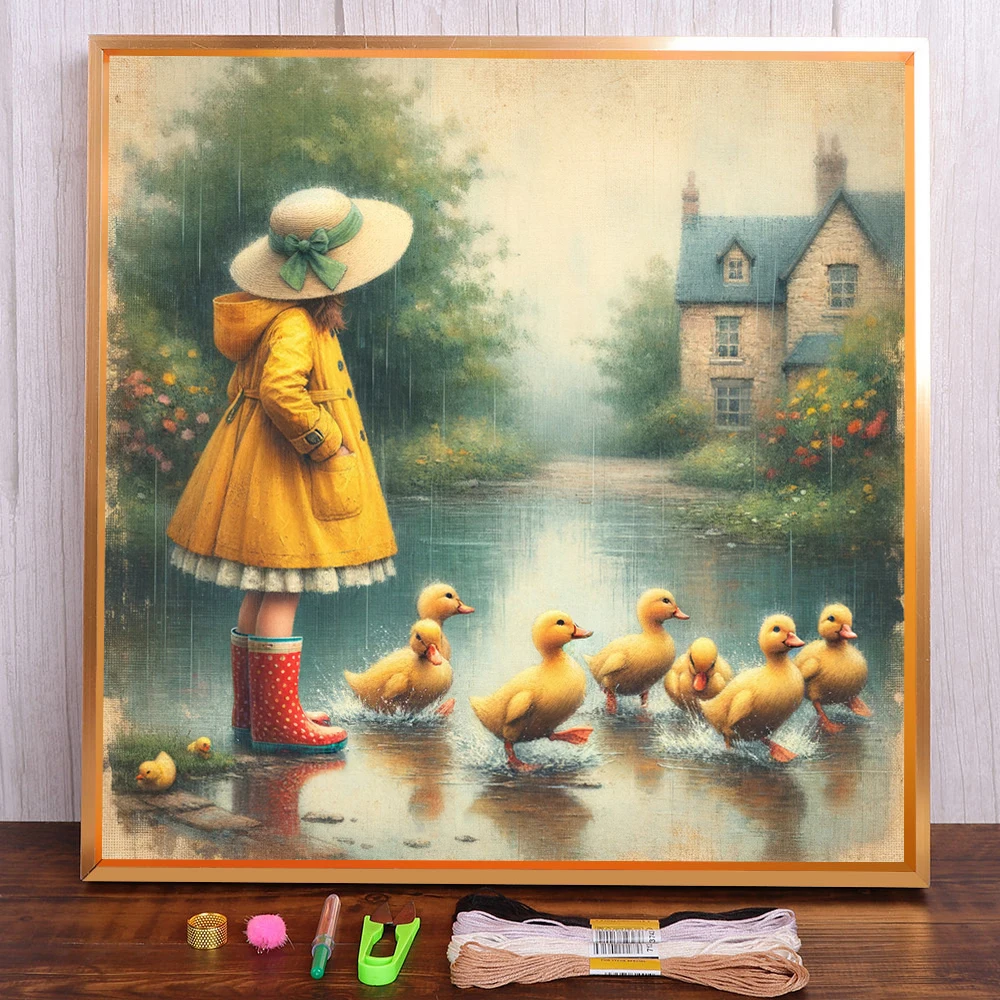 Mädchen Ente Bedruckter Stoff 11CT Kreuzstich Komplettset DIY Stickerei DMC Fäden Handwerk Hobby Handarbeit Stricknadel Geschenkverkäufe