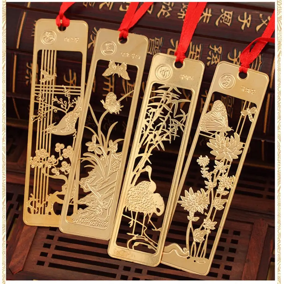 Chinese Style Creative Metal Bookmarks Classical Hollow Out Plum Orchid Bamboo Chrysanthemum Retro Exquisite Stationery Gifts
