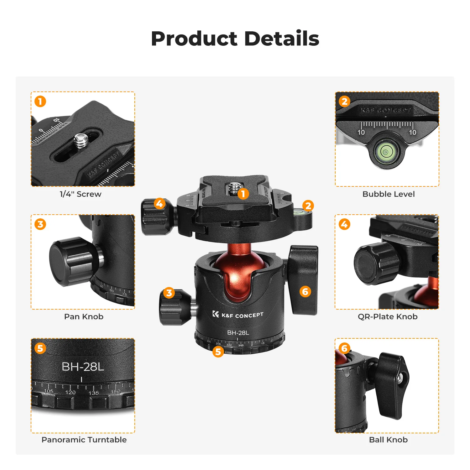 K&F Concept 22lbs/10kg Load Professional Metal Tripod Ball Head 1/4 Quick Release Plate for Nikon Canon Leica Sony Camera Tripod