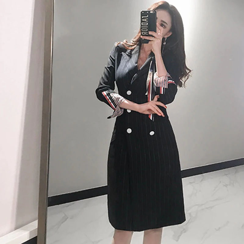 

New Korean High Quality Women Spring Autumn Striped Notched Collar Double Breasted Long Sleeve Office Casual Outwear Jacket