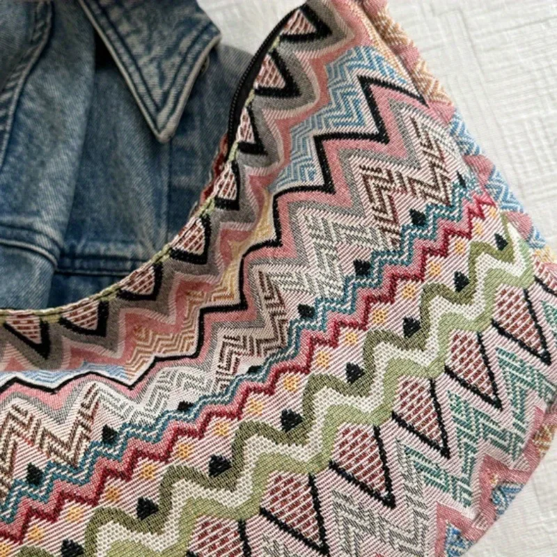 Bosimi Style Sling Bag City Hiking Pack Embroidery Canvas Zipper Dumpling Bag Large Capacity Commuter Backpack Cycling Shopping