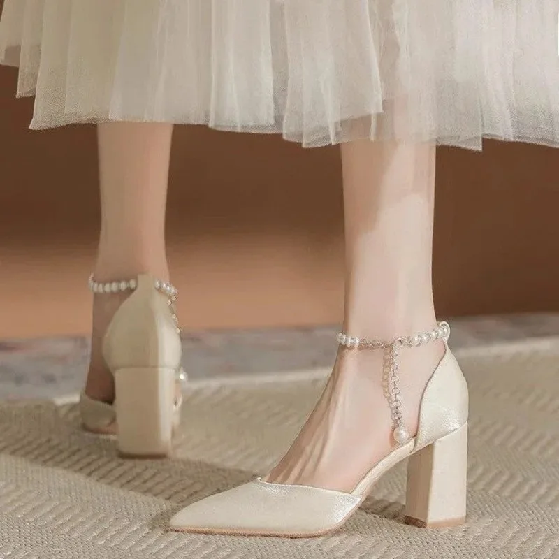 Elegant Chunky Heel Pointed Toe Hollow Pearls Buckle Satin Apricot All-match High Heel Shoes Women Party Weeding Pumps