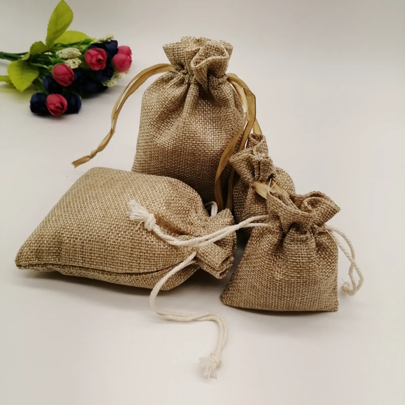 100pcs Jute Jewelry Bag Jute Packaging Pouches Drawstring Bag Sack Jute Bags for Wedding Jewelry Pouch Sack Cloth Storage Bags