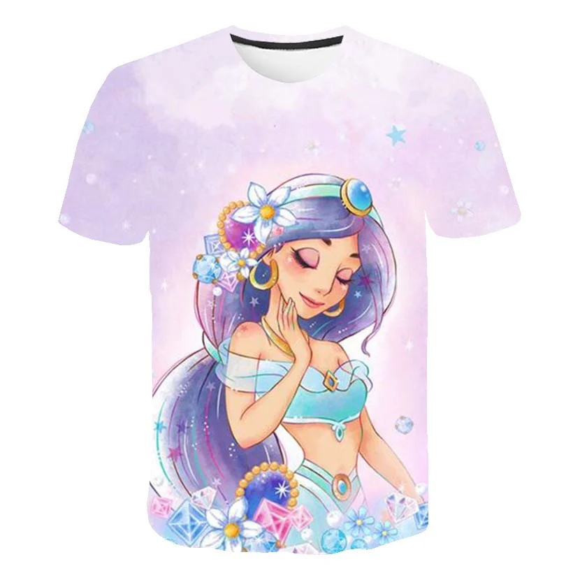 New Girls Jasmine Print T Shirt Girls Jasmine Tee Clothes Bambini Cartoon Girls Jasmine Top Per 1-14 Anni Bambini Compleanno Wear