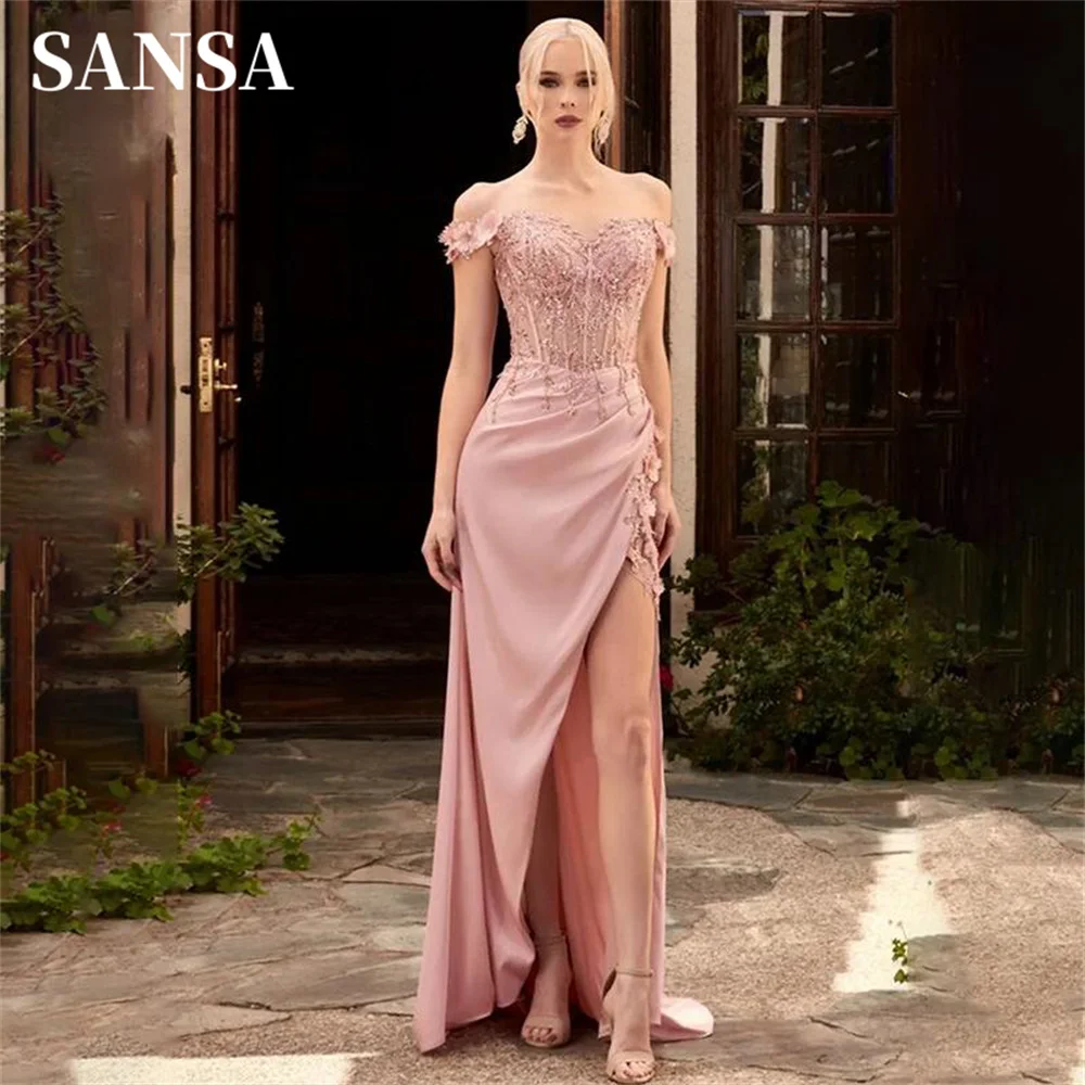 

Sansa Lace Appliques Beaded فساتين السهرة Off the Shoulder Mermaid Satin Vestidos De Noche Sleeveless Sexy Side Split Prom Dress