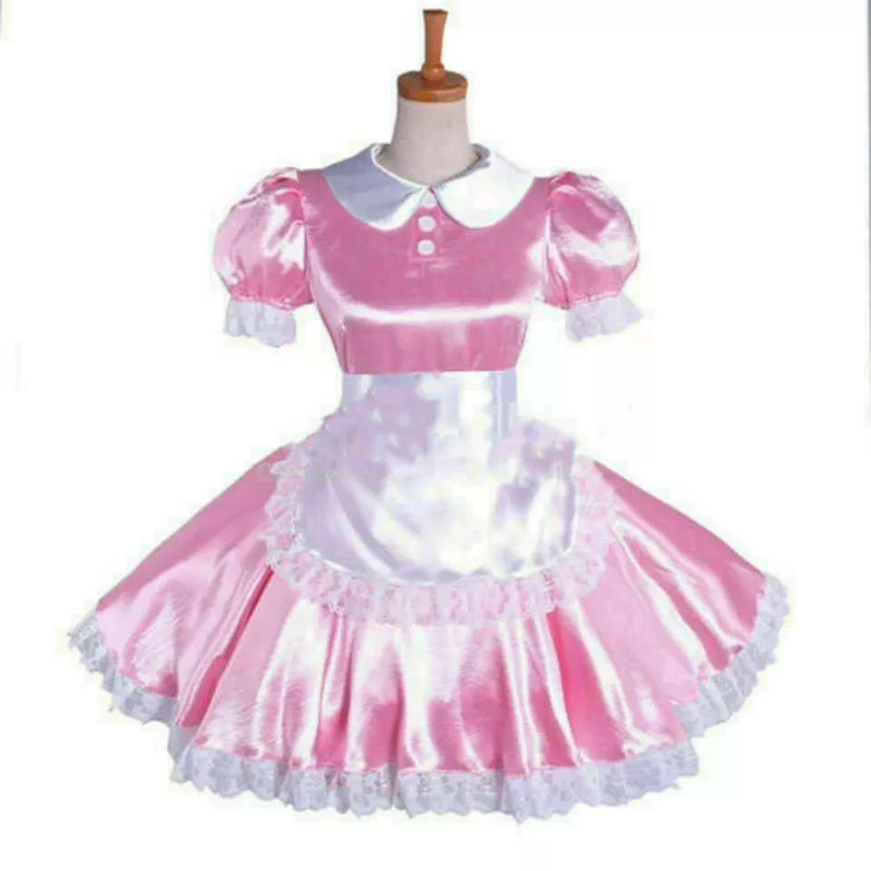 NEW pink sissy Maid Satin Dress lockable Halloween Christmas Tailor-made