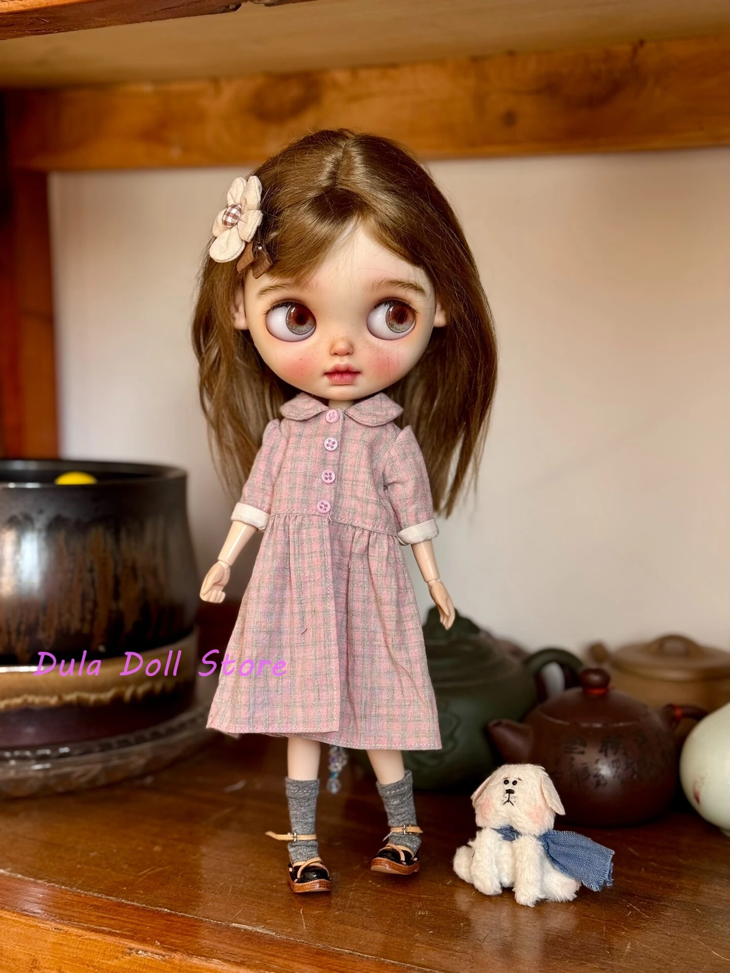 블라이스 랜두두 랜다즈 ob24 ob22 리카 1/6 인형용 듀라 인형옷 그레이프프루트 핑크와 그레이 핑크 체크 셔츠 드레스