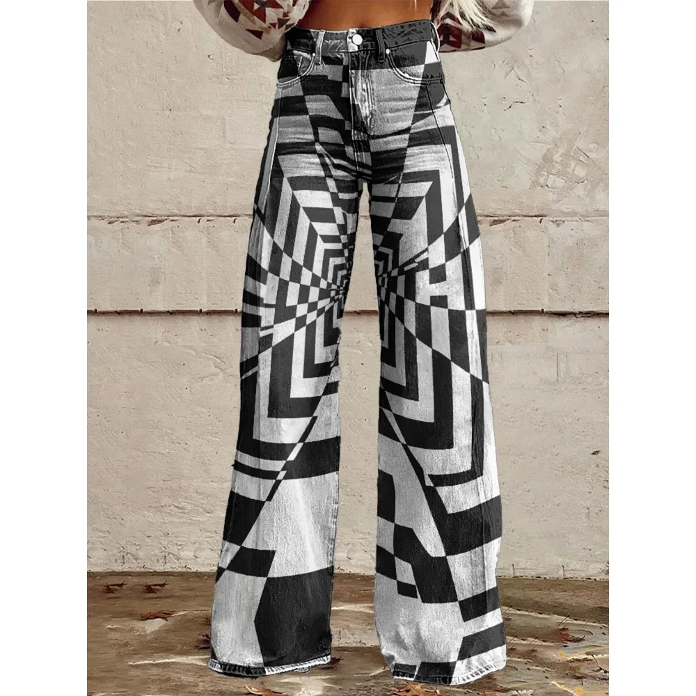 Bunte Vintage-Flare-Hose mit sexy Disco-Muster, 90er-Jahre-Club-Party-Hose mit geometrischem Druck, Damen-Hose mit hoher Taille und weitem Bein – Detail 19