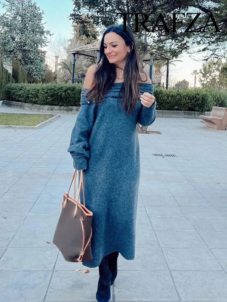 

TRAFZA 2024 Spring Women Fashion Dress Trend Slash Neck Loose Long Dress Woman Elegant Vintage Even Dress Mujer Vestidos