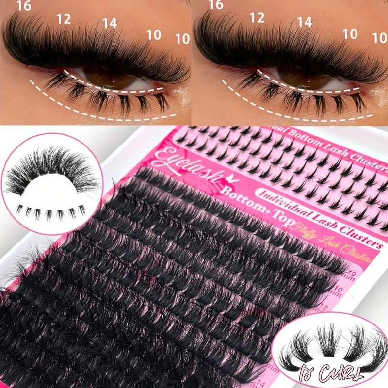 DIY-Falsche Wimpernverlängerungsset, individuelle Wimpernbüschel, untere und obere Wimpern, extra dicke und flauschige Wimpern für Anfänger zum Selbermachen