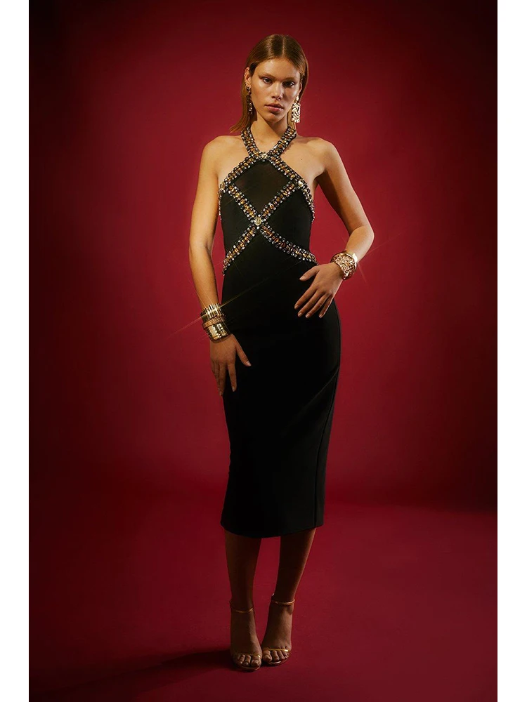

New Sexy Halter Beaded Diamond Bandage Dress Women Black Sleeveless Backless Midi Bodycon Dress Evening Club Party Dresses