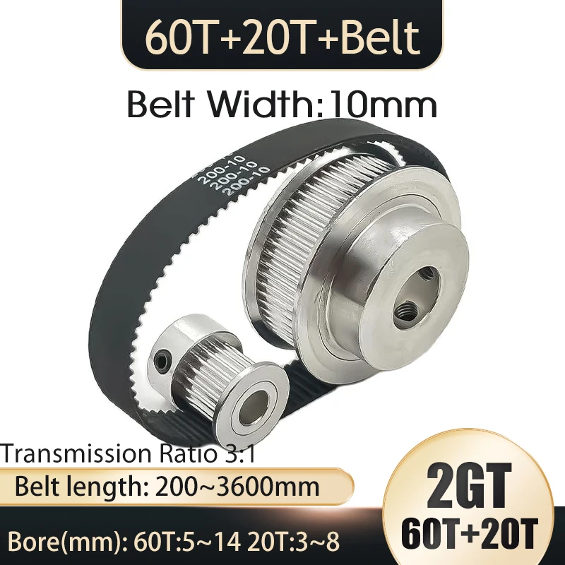 

GT2 2M 60T 20T Pulley Teeth 2GT Timing Belt Set 3D Printer Parts Width 10mm Bore 3~14mm Tensioning Wheel Synchronous Belt Kit