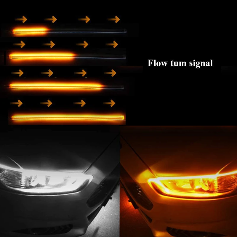 2Pcs DRL LED Strip Turn Signal Light Sequential Yellow Bright Flexible Daytime Running Light 12V Car Headlight Auto Accessories