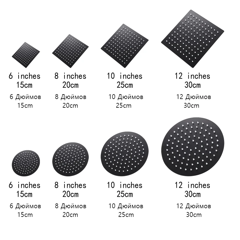 

Round & Square Shower Head Stainless Steel Rainfall Showerheads 12/10/8/6 Inch Ultra-thin Black Rain Bathroom Shower Accessories