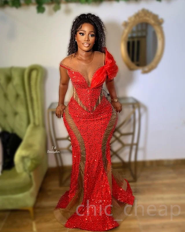 

Red Aso Ebi African Evening Dresses Mermaid Cap Sleeves Sequins Pearls Long Ghana Nigeria Black Girls Prom Dresses Evening Gown