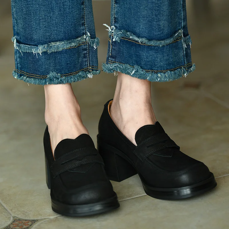 

Round Toe Shoes Woman Retro Vintage Style Women Pumps Sqaure Heel Cowhide Loafers Slip On Spring Autum Retro Pumps
