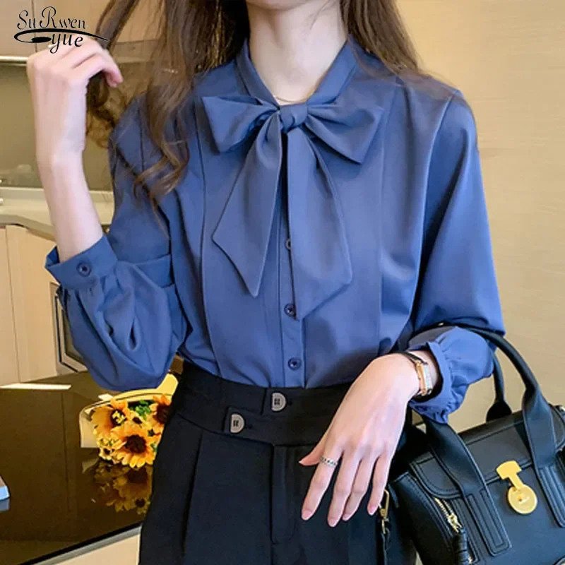 

Autumn Fashion Slim Blue Lantern Long Sleeve Tops Single-breasted Chiffon Blouse OL Style Blusa Bow V-Collar Lady's Shirt 10693