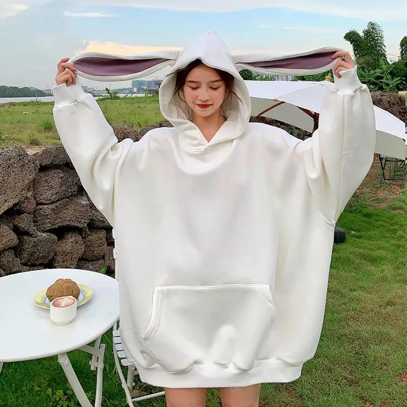 Autumn Winter Women's Hooded Pullover Korean Version Loose Fashion Cute Rabbit Ear Long Sleeve Top Clothing 2023