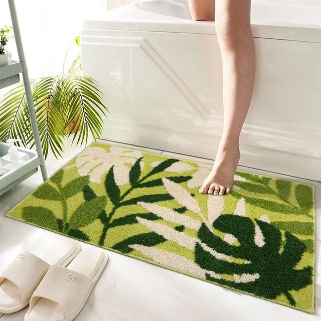 Inyahome Green Plant Bathroom Rug Leaf Bath Mat Cute Monstera