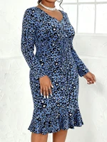 Plus Size Blue Leopard Print Bodycon Midi Dress V Neck Long Sleeve Lace up Ruffle Hem Women's Party Evening Wear - Image 4