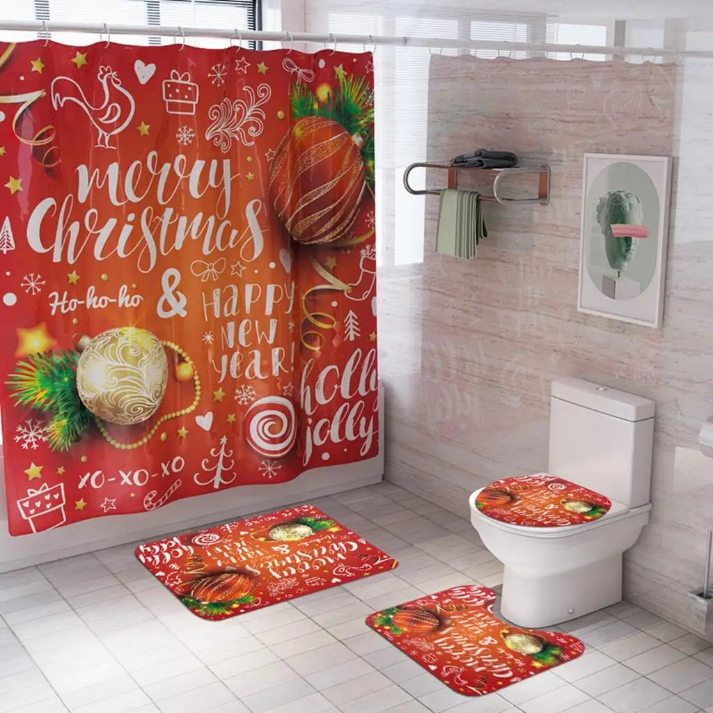 3 Pieces Shower Bathmat Toilet Mat & Cover Bathroom Set Christmas Theme