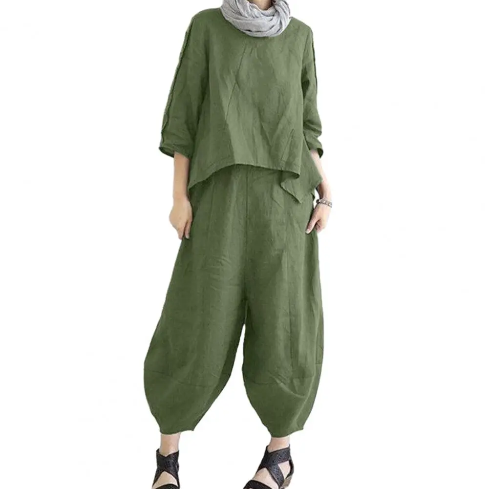 

Loose Fit Pants Suit Women's Retro Irregular Hem Top Harem Pants Set Loose Three Quarter Sleeves Soft Breathable Fabric Elastic