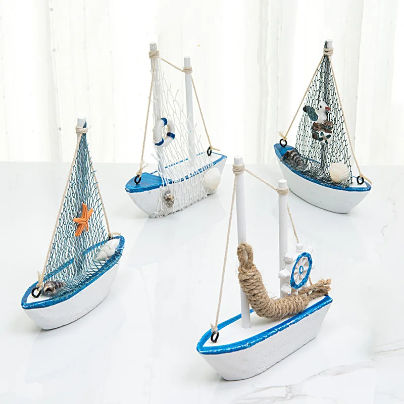 

1pc Mini Mediterranean Style Marine Nautical Wooden Blue Sailing Boat Ship Wood Crafts Ornaments Party Room Home Decoration