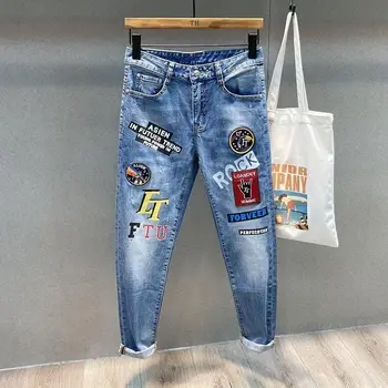 Trendy Brand Letter Printing Pattern Embroidered Jeans Men's Korean Graffiti Slim-fitting Small Feet Versatile Casual Trousers 1