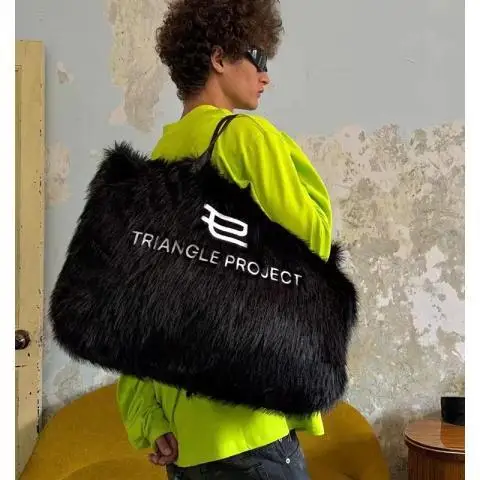 Faux Fur Pink Letter Shoulder Bag Black Plush Tote Bag Large 