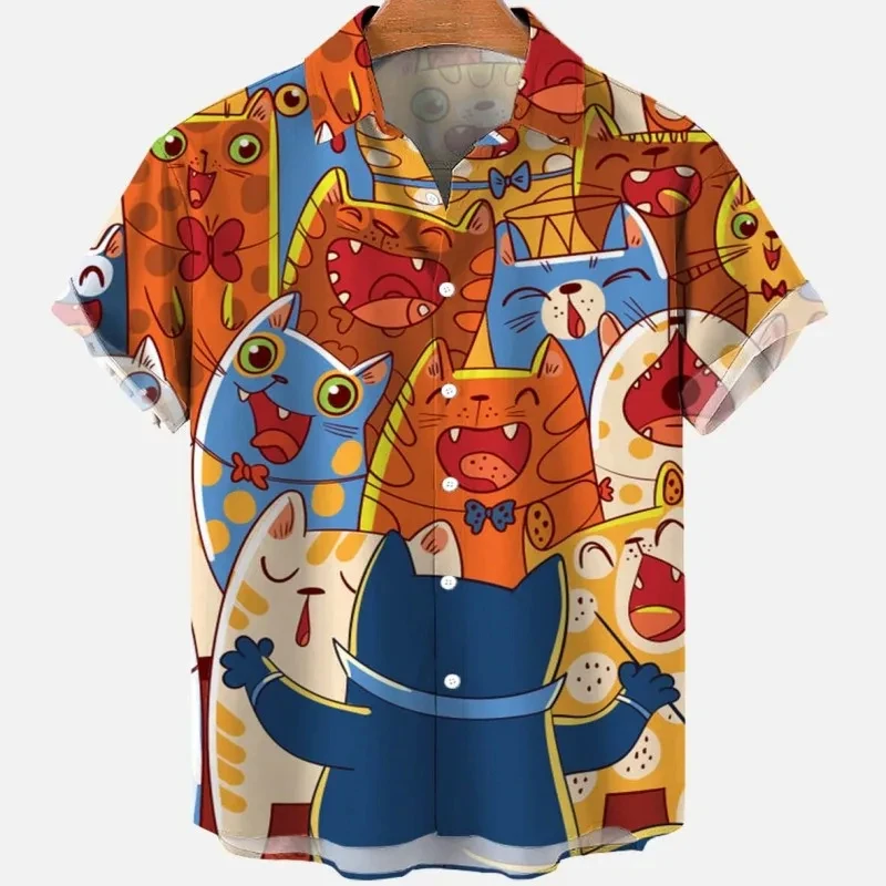 

New Cartoon Cat Bear Summer Beach Men's Shirts Funny 3D Printed Short Sleeve Shirt Hawaiian Blouse Oversized Vacation Streetwear
