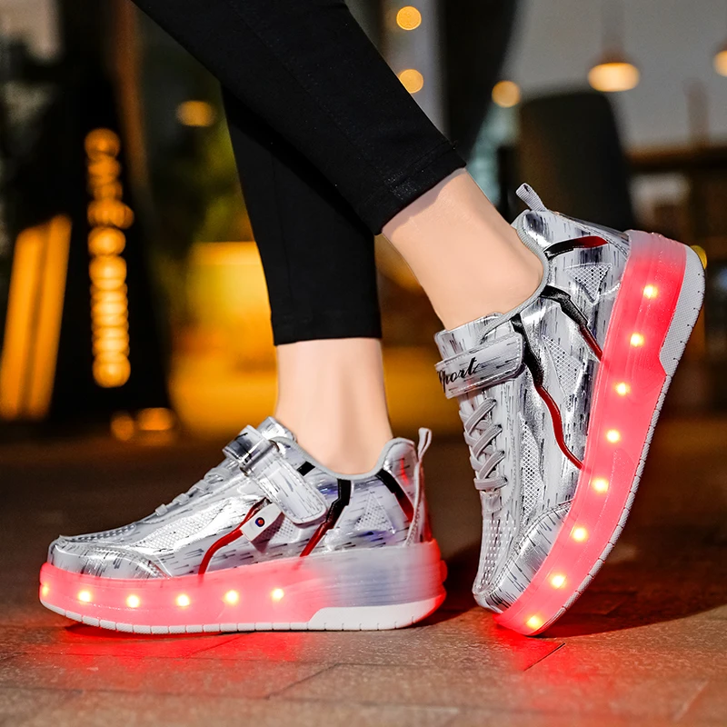 Designer Luxe Kinderen Twee Wielen Lichtgevende Gloeiende Sneakers Led Licht Rolschaats Schoenen Kids Jongens Meisjes Usb Opladen Sneakers