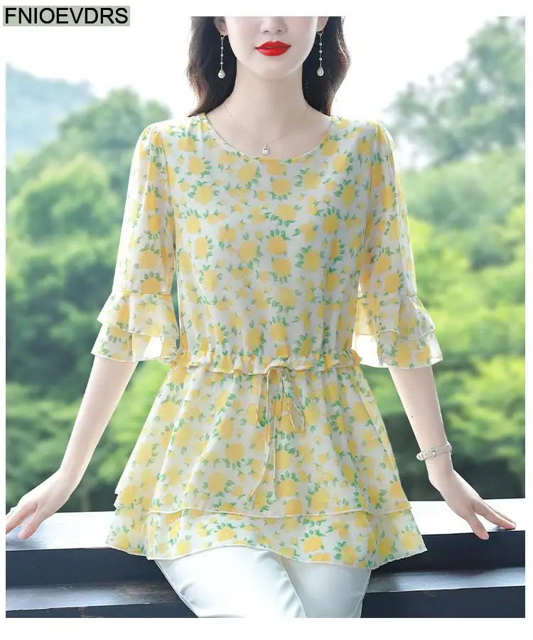 S-4XL Loose Clothes 2023 Women Summer Short Sleeve Elegant Ruffles Shirts Casual Chiffon Floral Tunic Peplum Tops And Blouses