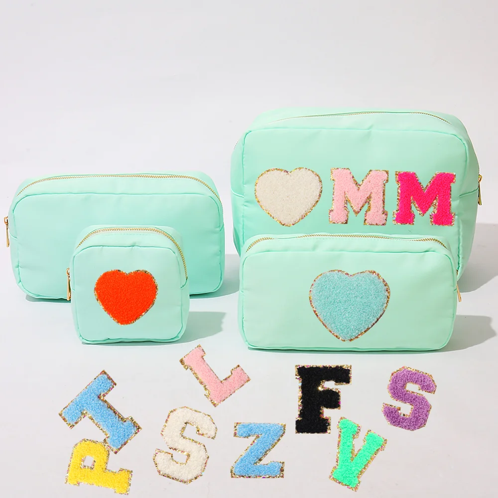 

Stock Wholesale Multi Colors Waterproof Nylon Pouch Cosmetic Bag Women Letters Patch DIY Makeup Bag Teens large toiletry bag