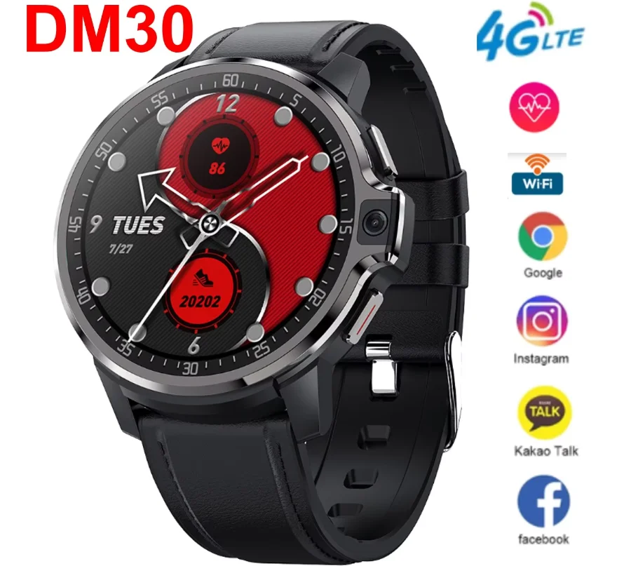 신제품 DM30 4G 안드로이드 9.1 OS 스마트워치 1.6인치 풀 터치스크린 4GB/64GB LTE 4G 심카드 GPS WIFI 심박수 측정 남녀공용 스마트워치