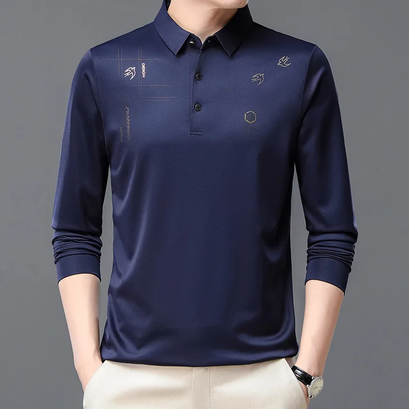 

Spring and Autumn Men's Pullover Polo Button Solid Printing Rhinestone Long Sleeve T-shirt Polo Bottom Fashion Formal Tops