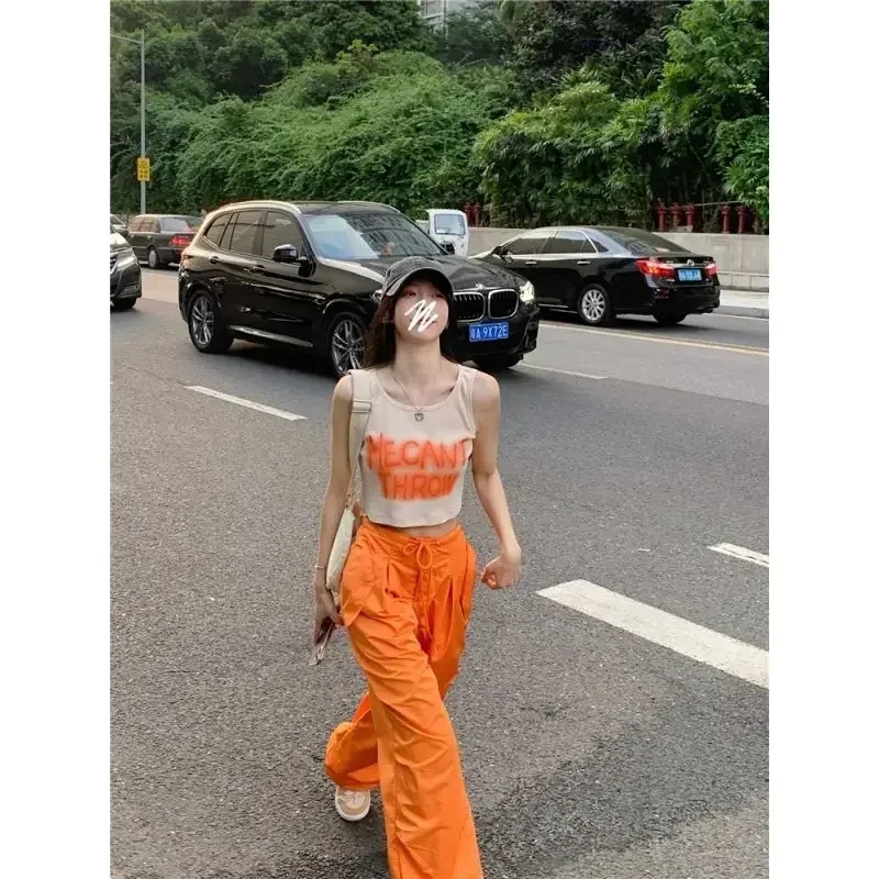 여성용 오렌지 카고 팬츠 및 상의, 하이 스트리트 캐주얼 레깅스, 하이 웨이스트 스트레이트 와이드 레그 하룬 세트, 여름 패션