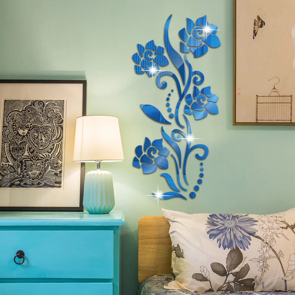 Lychee Life Rose Acrylic Mirror Wall Decal Door Living Room Bedroom Decal Mirror Effect Flower Vine Acrylic Wardrobe Wall