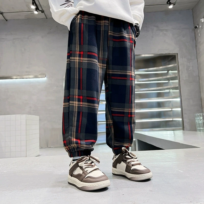 بنطلونات كاجوال للأولاد من 3-12 سنة لفصلي الربيع والخريف، موديل 2026 الجديد، سراويل رياضية فضفاضة من القطن بنقشة مربعات للأطفال، ملابس أطفال