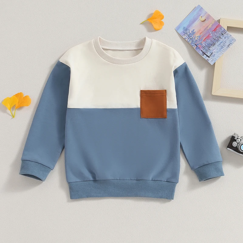 

BeQeuewll Baby Boy Sweatshirt Contrast Color Round Neck Long Sleeve Pullovers Autumn Tops for Toddler Cute Fall Clothes