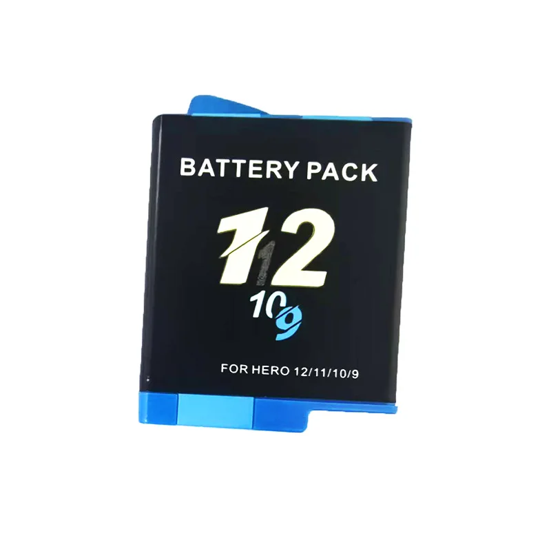 Vue de face de la batterie de remplacement haute capacité 2000mAh pour GoPro, avec connecteurs dorés