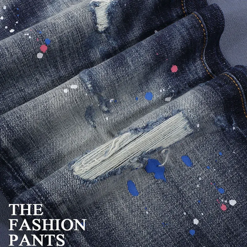 High Street Fashion Men Jeans Retro Blue Stretch Slim Fit Painted Ripped Jeans Men Patched Designer Hip Hop Brand Pants Hombre