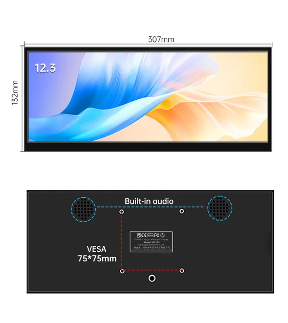 12.3 inch 1920x720 IPS screen monitor , HD LCD Bar Extender Monitor for Laptop/PC/Switch/Xbox, Type-C & HDMI Ports